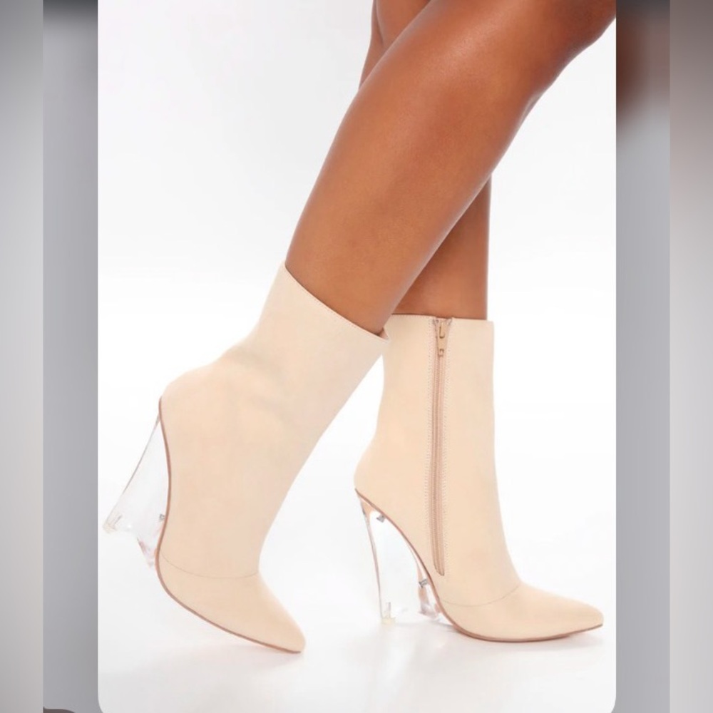 Fashion Nova Nude faux suede clear lucite wedge bootie